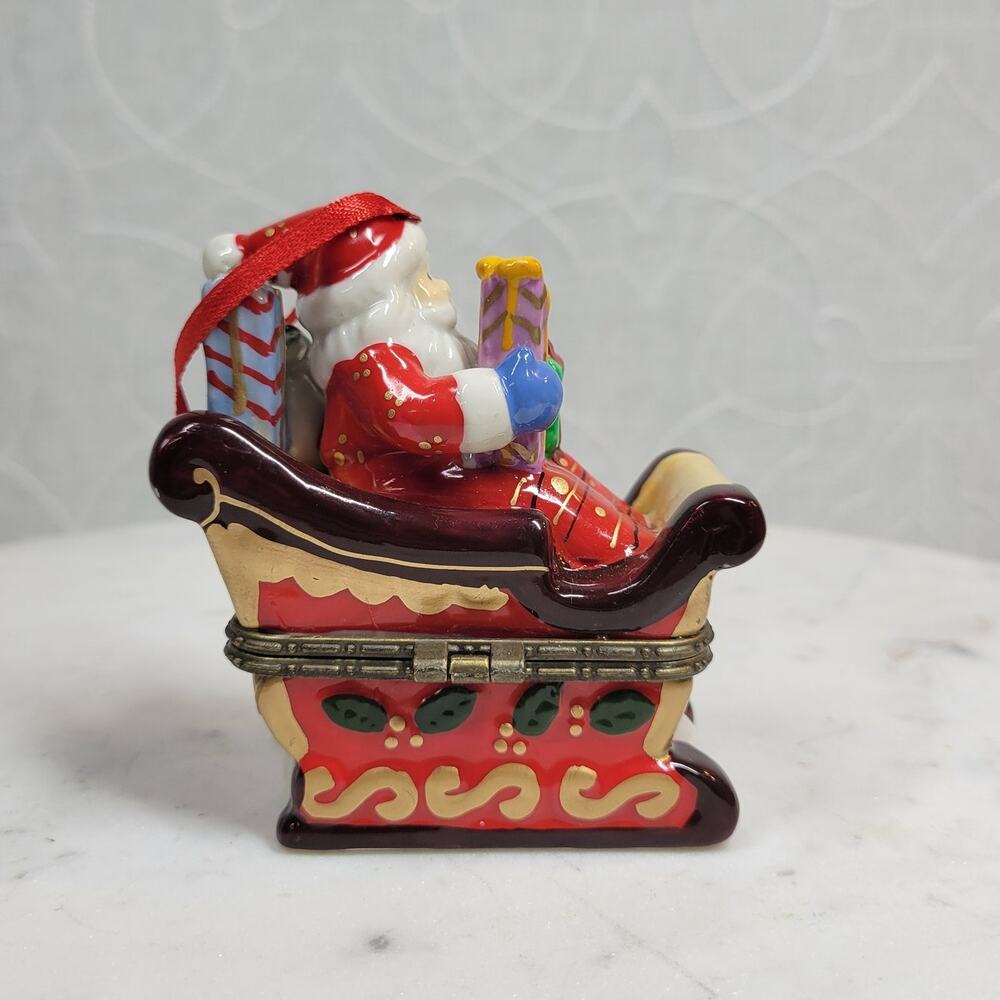 VINTAGE Santa Figure on Sleigh with Presents 3" Porcelain Hinged Trinket Box